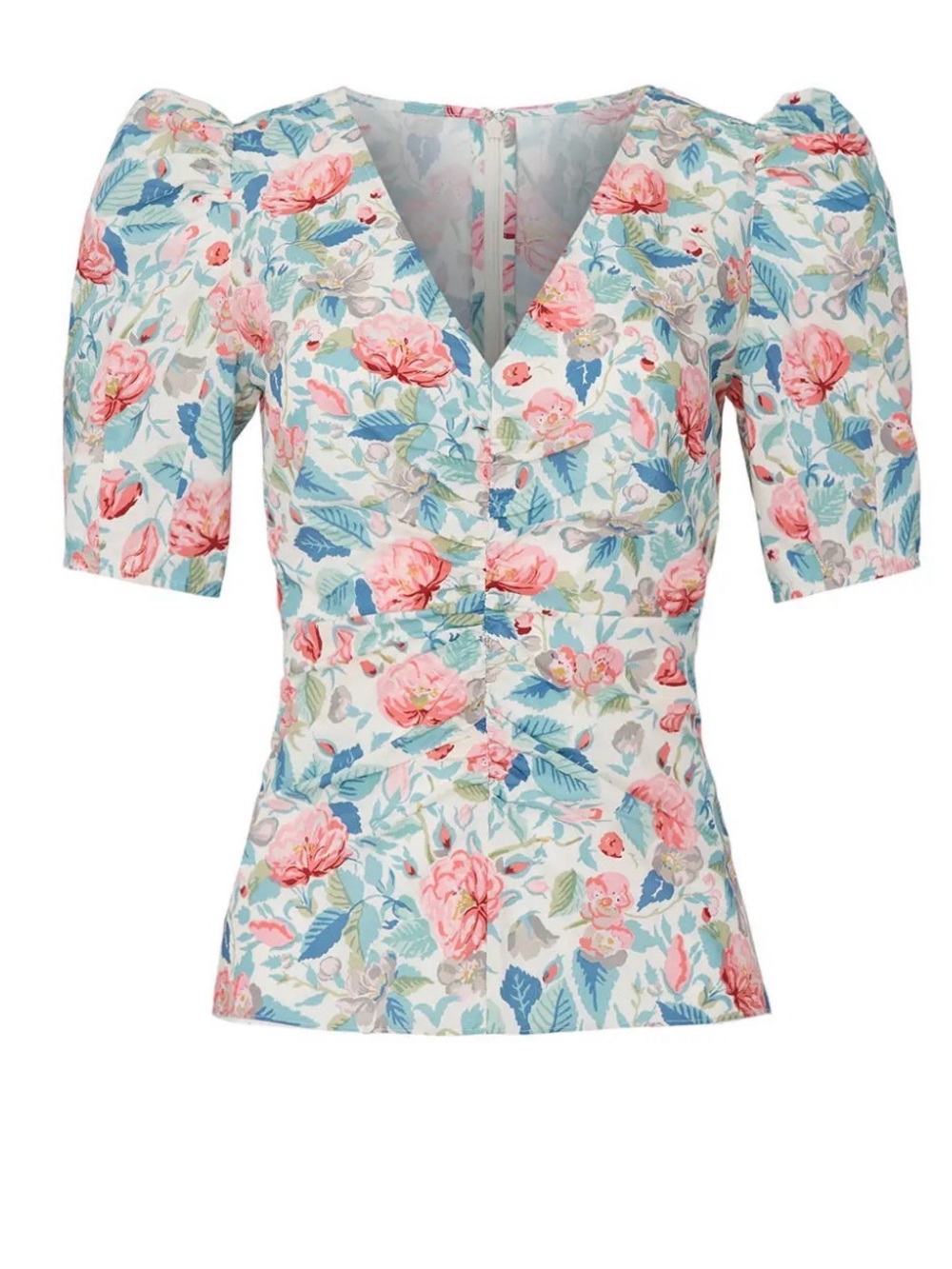 Rebecca Taylor Floral Puff-Sleeve V-Neck Blouse in Blue & Pink Large